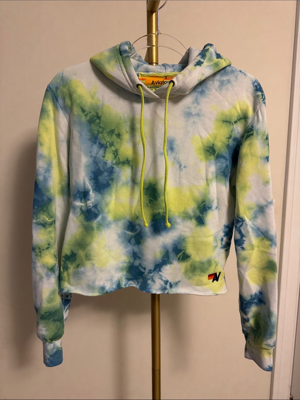 Aviator Nation Blue & Lime Tie-Dye Cropped Hoodie